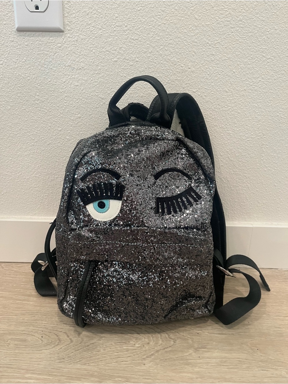 Chiara Ferragni Flirting Glitter Backpack Dark Silver Black Eye Leather Mini